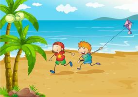 Kids playing at the beach with their kite vector