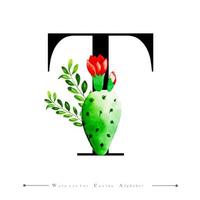 Alphabet Letter T with Watercolor cactus and Leaves vector