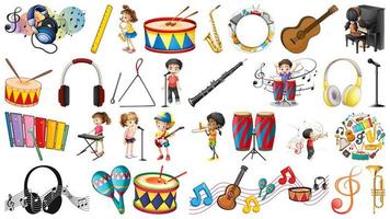 Conjunto de instrumentos musicales y elementos musicales. vector