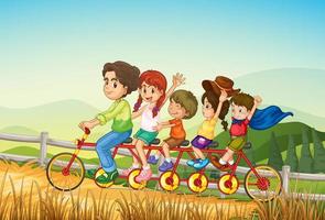 Niños felices, andar en bicicleta en la granja vector