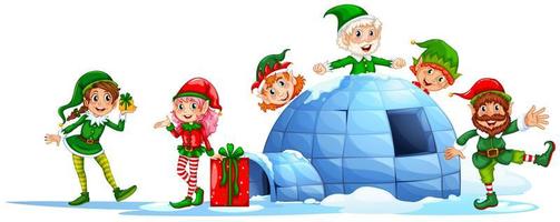 Elves playing outside the igloo vector