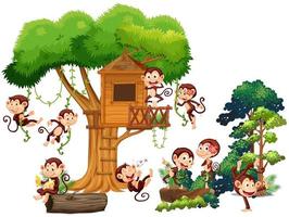 Monkeys playing and climbing up the treehouse vector