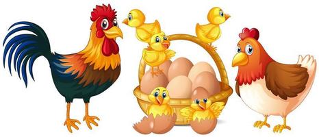 Chickens and little chicks with basket of eggs vector