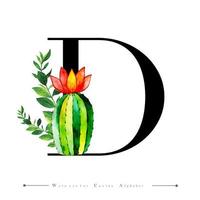 Alphabet Letter D with Watercolor cactus and Leaves  vector