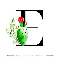 Alphabet Letter E with Watercolor cactus and Leaves vector