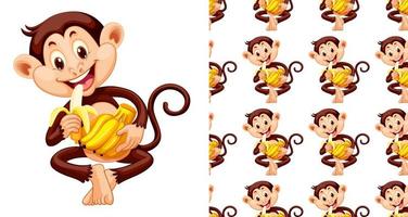 Seamless and isolated monkey eating banana pattern cartoon vector