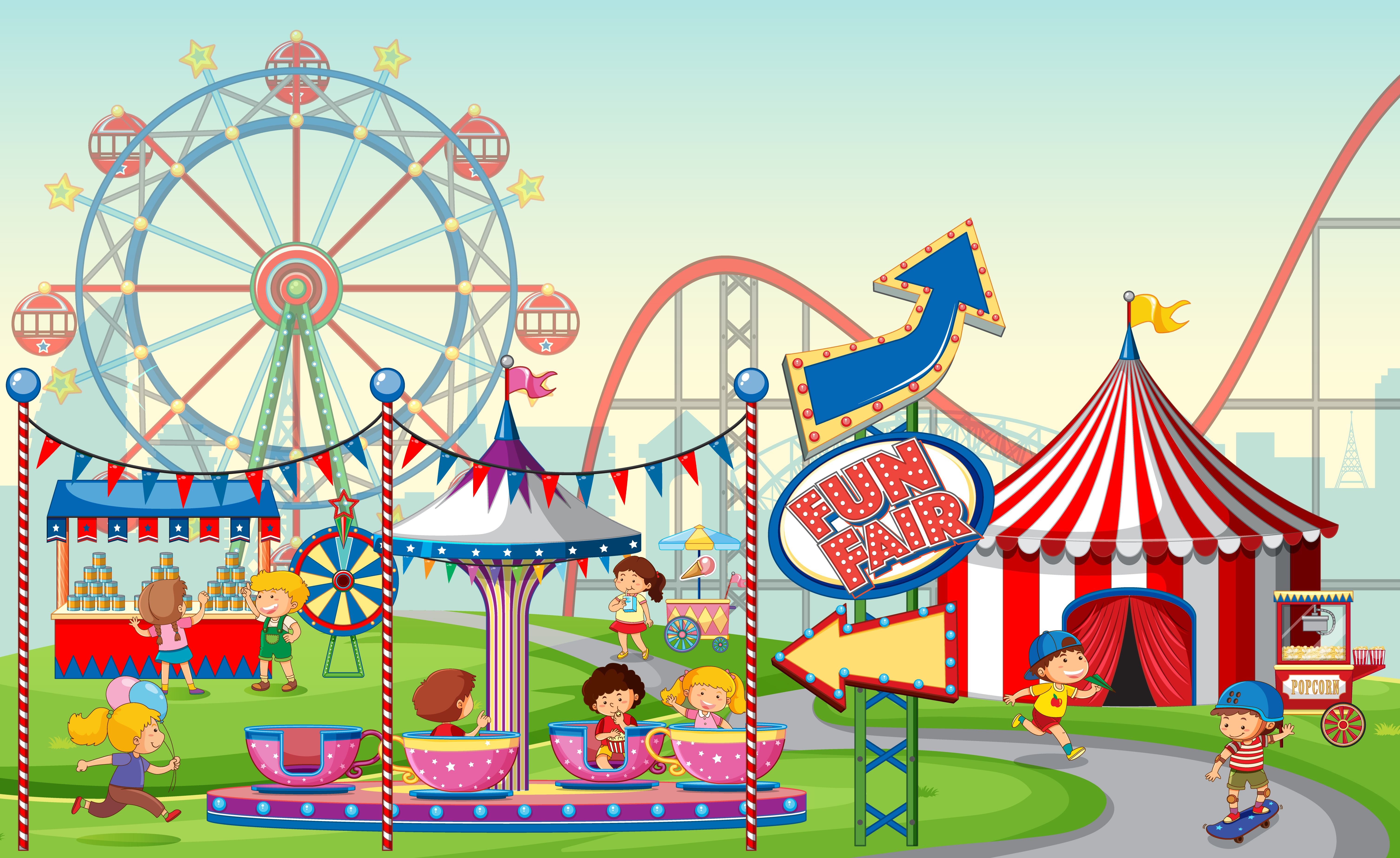 An Outdoor Fun Fair Scene With Kids Free Vectors An Outdoor Fun Fair Scene With Kids