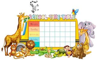 Plantilla de horario escolar con autobús y animales vector