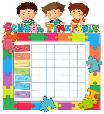 School timetable template with kids and puzzle piece border