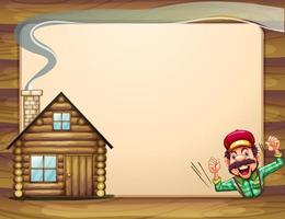 An empty wooden frame with a lumberjack shouting and a house vector