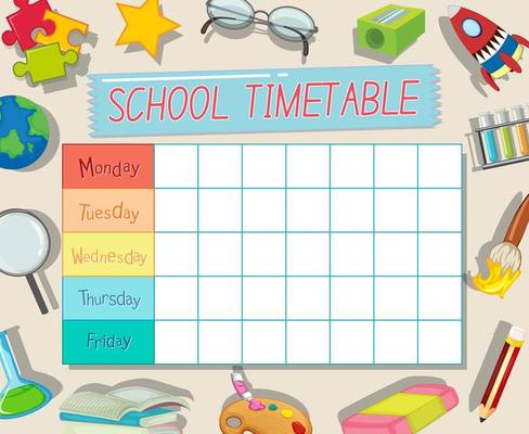 School timetable template with school supply theme