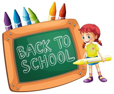 Back to school template with girl and crayons