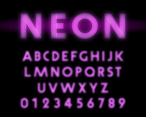 Retro neon alphabet font. Letters and numbers line design
