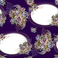 Seamless pattern with gold frames and bouquets of flowers. vector