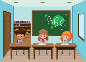 Students working at desks in the classroom vector