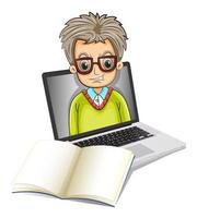 An image of a man inside a laptop with an empty notebook vector