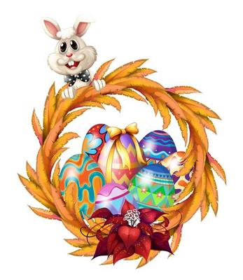 An easter design border with bunny, wreath and colored eggs