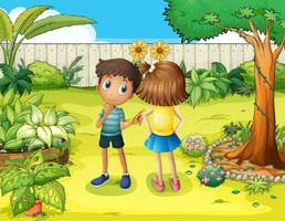 A boy and a girl arguing in the garden vector