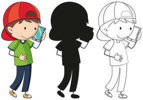 A set of boy on phone in color, silhouette and outline vector