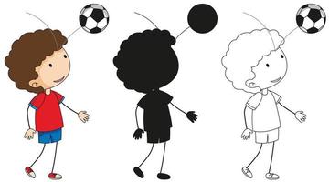 A set of boy with soccer ball in color, silhouette and outline vector