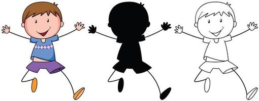 A set of boy jumping in color, silhouette and outline vector