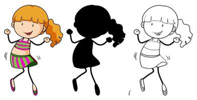 A set of girl dancing in color, silhouette and outline vector