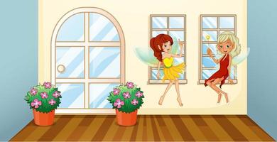 Two fairies sitting at the window indoors vector