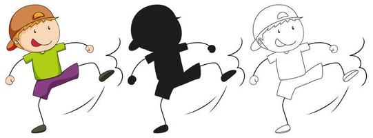 A set of boy kicking in color, silhouette and outline vector