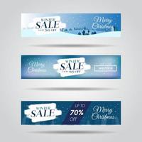 Conjunto de banners de venta de diseño de invierno con texto de venta y fondo de copo de nieve vector