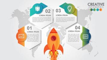 Startup infographics with 4 options rocket launch and styled world map vector