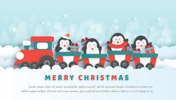 Celebraciones de Navidad con pingüinos lindos emplazamiento en el tren. vector