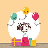 tarjeta de feliz cumpleaños con globos y regalos kawaii vector