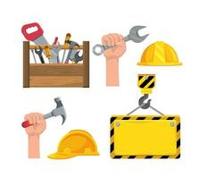 Establecer caja de herramientas de construcción y mano con martillo vector