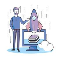 man with computer online books and rocket app vector