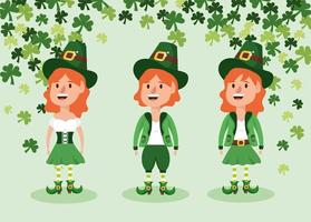 st patrick celebration and woman and men with clovers vector