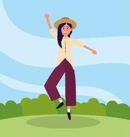 pretty woman with casual clothes and jumping vector