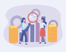 businesswomen with magnifying glass and statistics bar vector