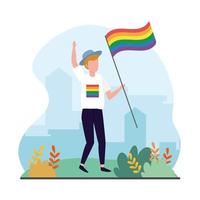 man with rainbow flag to lgbt celebration vector