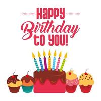 feliz cumpleaños a tu tarjeta con pastel con velas y pastelitos vector