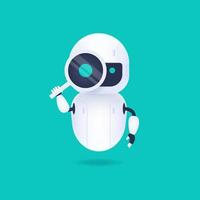 White friendly android robot looking through magnifying glass vector