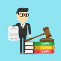 Lawyer holding document next to gavel and stack of books vector