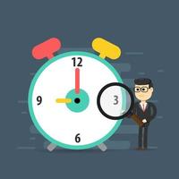 Time management planning with man holding magnifying glass on clock vector