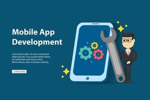 Mobile app development concept with man holding wrench and cellphone vector