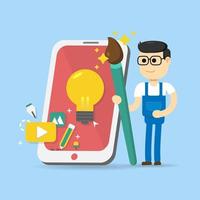 ux designer with paintbrush, cellphone and icons vector