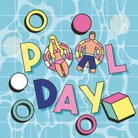 top down view man and woman floating in pool with pool day text vector