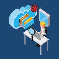 business man working at desk with virus and cloud computing icons vector