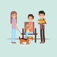 owners with cat dog and rabbit waiting pet and veterinary vector