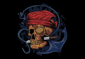 pirata calavera con cuchillo en la boca y ancla vector