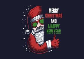 Santa con anteojos y feliz navidad y un feliz año nuevo texto vector