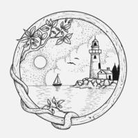 Circular wood frame with lighthouse and ocean scene vector